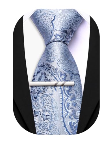 Image of Barry.Wang Paisley Tie for Men Silk Woven Necktie and Tie Clip Set Wedding Party Business Formal