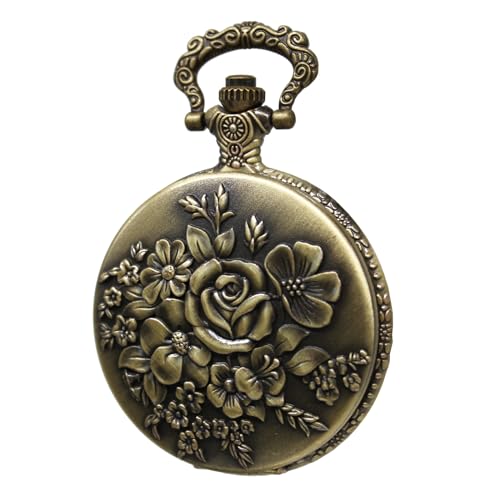 SIMAOTE Vintage Quartz Pocket Watch with Flower Pattern Cover and Chain for Women and Men (Bronze)
