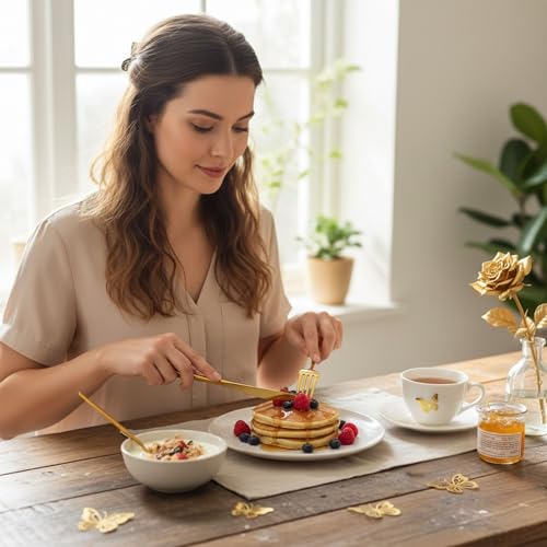 Image of 24 Pcs Gold Slim Handle Stainless Steel Cutlery Set for Dining Table with Spoons and Forks Set + Butterknives - The Perfect Tableware /Flatware