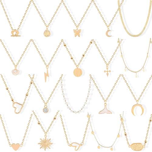 20PCS Gold Plated Choker Necklaces For Women, 14k Gold Plated Dainty Pearl Pendant Simple Chain Necklace Set Gold Layered Necklaces Adjustable Jewelry Gift