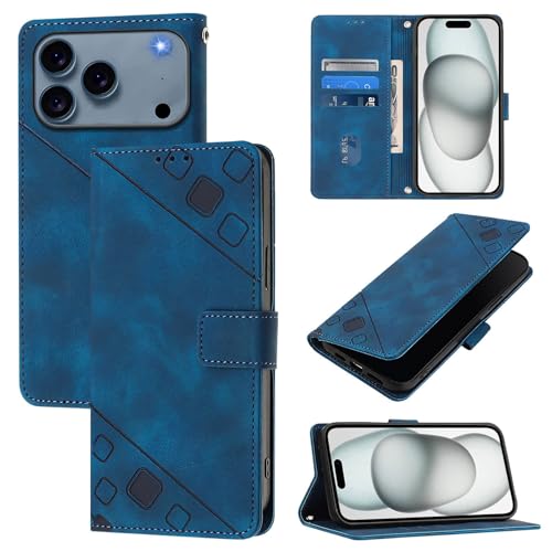 Étui iPhone 17 Pro bleu avec fentes pour cartes et bandoulière longue en cuir