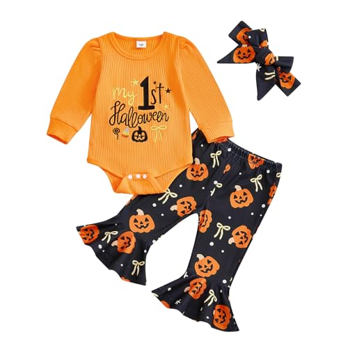 Image of Socutebabe My First Halloween Baby Girl Outfit Newborn Pumpkin Onesie Bell Bottoms Infant 1st Halloween Clothes Costume Sets