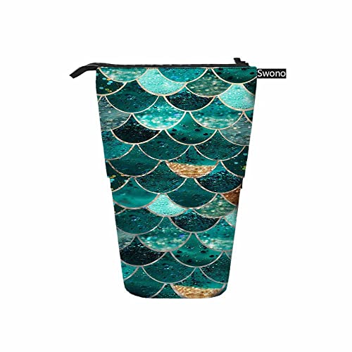 Image of Swono Mermaid Scale Pencil Holder Beautiful Fish Scale Teal Stand Up Pencil Case Organizer Pencil Pouch Makeup Bag Gift