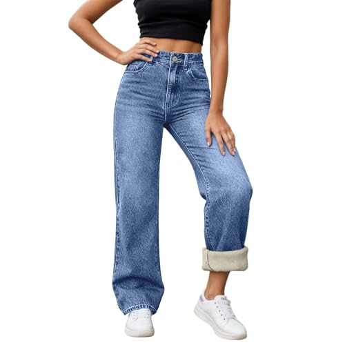 Fleece Lined Jeans for Women High Waisted Baggy Straight Leg Denim Pants Winter Warm Thermal Stretchy Jeans Plus Szie Dark Blue