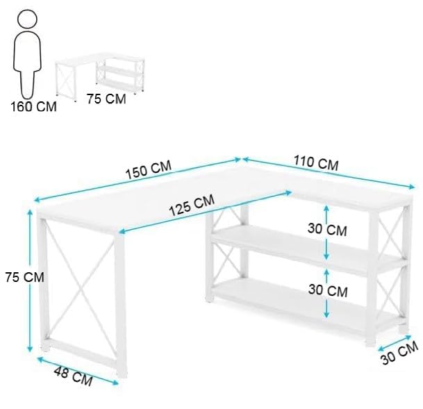 Image of Deskio Engineered Wood Computer Table for Home & Office, White L Shaped Table Desk with Storage Shelves Corner Study for Small Space (Size - 60L X 44W X 30H) | DIY