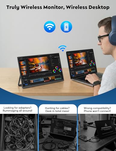 Image of KEEPTIME Wireless Portable Monitor with Battery 8000mAh, 15.6 inch 1080P IPS Travel Monitor, Support AirPlay Miracast, with Stand /Bag, Second Screen for Laptop, PC, Phone