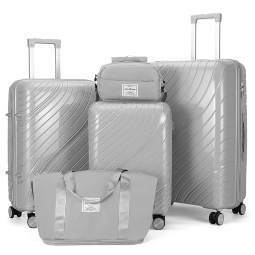 Karl home Luggage Sets 5 Piece, PP Hardshell Suitcase Sets with Bags, Carry on Checked Luggage with Spinner Wheels TSA Lock, Lightweight Rolling Suitcase for Women Men (5pcs, Light Gray)