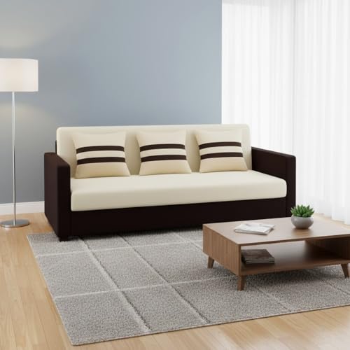 Image of FURNY Lifestylio 3 Seater Fabric Sofa Set (Cream-Dark Brown) Premium Velvet Finish | Ideal for Living Rooms, Offices