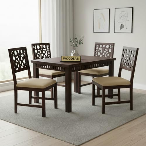 Image of WOODLAB Sheesham Wood 4 Seater Dining Table Set with Chairs | Wooden Dining Table for Home Dining Room | 4 Seater Dinner Table Set for Living Room and Home - Walnut Finish