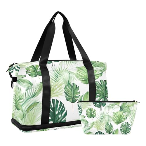 Palm Tree Leaves Gym Bag for Women Sport Travel Duffel Bag Shoulder Weekender Overnight Bags with Wet Pocket & Shoe Compartment