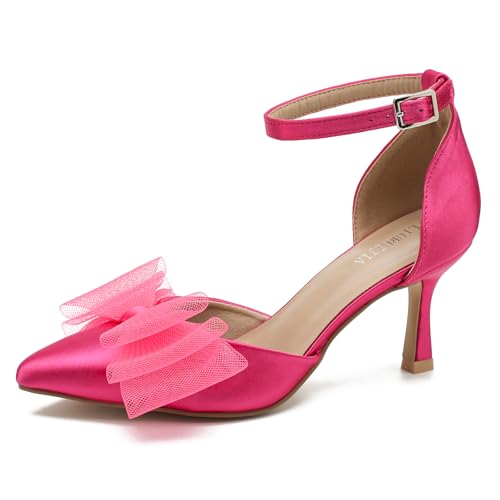 LIURUIJIA Women's Closed Toe Bow Heels Ankle Strap Pointed Toe Satin Low Heel Pumps Comfortable Wedding Bridal Party Prom Dress Shoes