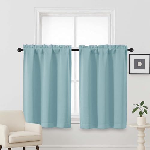 Image of Aqua Blackout Curtains for Small Window Treatment, Light Blocking Short Kitchen Window Curtains Over Sink, Dual Rod Pocket Half Window Tiers for Bathroom Basement, 2x40Wx36L Inches