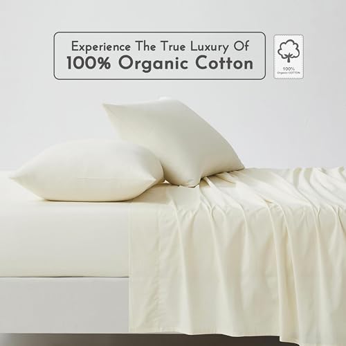Image of Linen Closet 100% Organic Cotton Queen Sheets Set, 4 Pieces, Fresh Ivory - Percale Bed Sheets & Pillowcases Set - Up To 16 inch Deep Pocket Fitted Sheet - Cooling, Crisp & Breathable - For Hot Sleepers