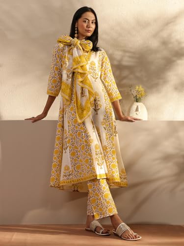Image of Libas Printed Cotton A Line Kurta With Trouser and Dupatta | daily wear suit
