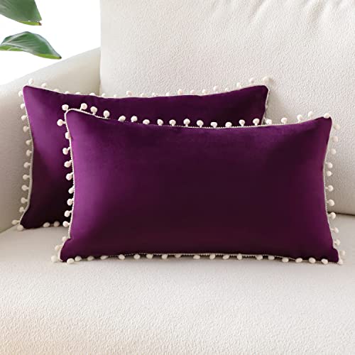 Sungeek Paquete de 2 fundas de cojín decorativas de terciopelo suave con pompones, con cremallera invisible, decoración lumbar, para sofá, dormitorio, sala de estar, 40 x 60 cm, color morado berenjena