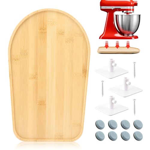 Bamboo Mixer Slider Tray for KitchenAid Tilt Head 4.5-5Qt Stand Mixers, Non-Scratch Countertop Protector with Sliding Pads, Includes 8 Adhesive Pads & Attachment Holder (Excludes Pro 450/500)