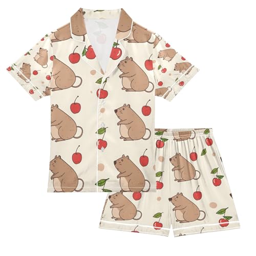 senya Mouse and Cherry Satin Summer Pajama Sets Silk Short Sleeve Button Down Sleepwear