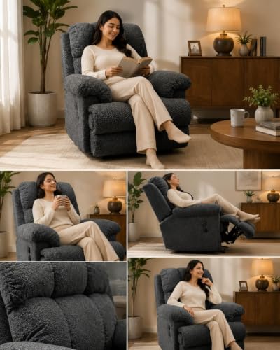 Image of Recliner Chair for Living Room | Comfortable Upholstered Single Seater Sofa with Ergonomic Backrest, Plush Armrests, Spacious Seat and Wooden Frame (Motorized Rocking revolving)