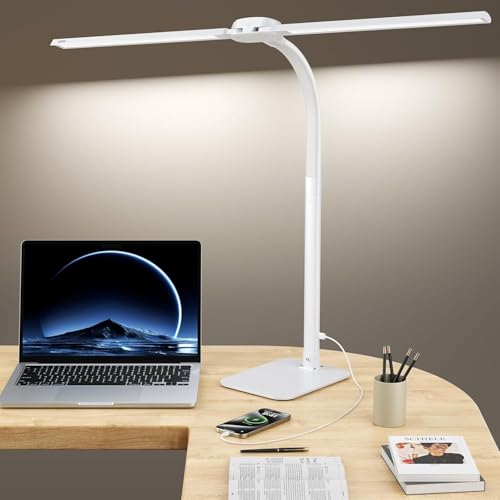 Kary 24W LED Schreibtischlampe Doppelkopf Dimmbar Tischlampe Weiß