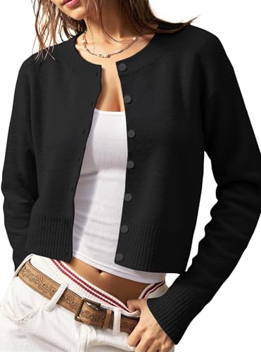 Women's Cropped Knit Cardigan Sweater &ndash; Button Down Long Sleeve Slim Fit Gray Fall Layering Top...