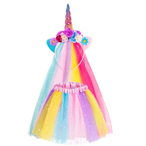 Hifot Disfraz de Unicornio Disfraz de Princesa Niña,Unicornio Tutus Niña Diademas Tutú Vestido de Arco Iris Disfraz para Niña Cumpleaños Carnaval Cosplay Fiesta