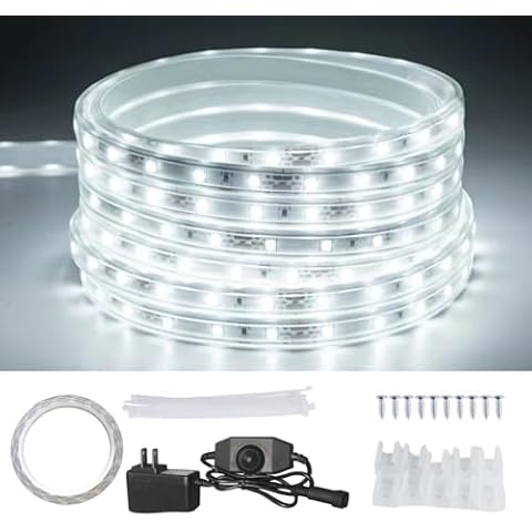 JUNWEN 20FT White Rope Lights Outdoor, 12V IP65 Waterproof Led Rope Lights Indoor Cuttable, Flexible Led Strip Lights Cuttable Plug-in for Patio Deck Bedroom Kitchen Bedroom Christmas Cover