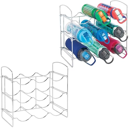 Image of Metal Water Bottle Rack Storage Organizer for Kitchen Countertops, Pantry, Fridge - Stores Wine, Beer, Pop /Soda - 3 Levels, Each Holds 9 Bottles, Free-Standing (Silver)