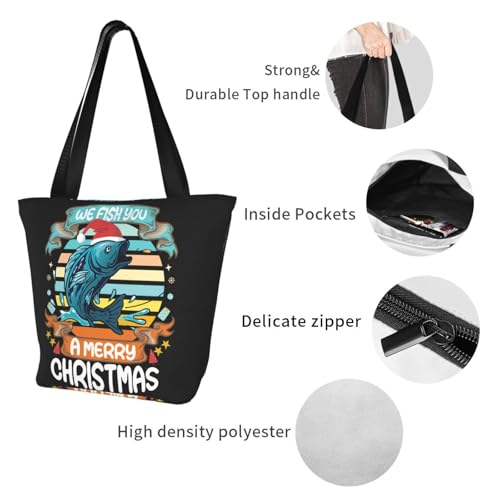 We Fish You A Merry Christmas Reusable Shopping Tote Bag, Lightweight Durable Shoulder Bag With Zipper Pocket - Fashionable Grocery Bag For Travel & Beach3
