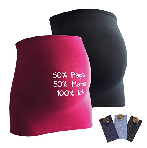 Mamaband Schwangerschaft Bauchband für die Babykugel im Doppelpack 1xUni 1xPapa Mama Ich - Rückenwärmer und Shirtverlängerung für Schwangere - Elastische Umstandsmode Magenta 38-42 Cover