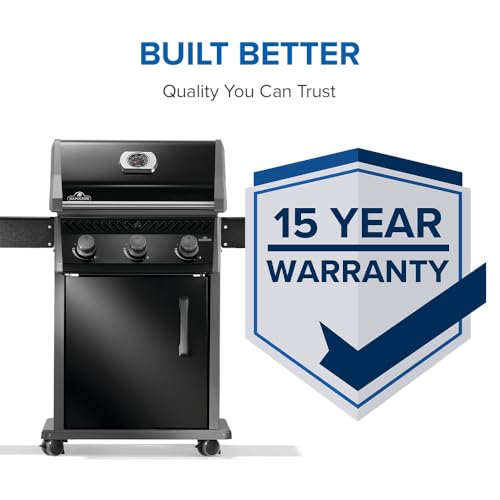 Image of Napoleon Rogue 425 3-Burner Propane Grill | Black, Outdoor BBQ, 42,000 BTUs, 571in Area, Instant Ignition, Folding Shelves, Warming Rack, Locking Caster Wheels