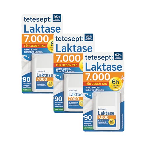 tetesept Laktase 7.000 – 3 x 90 Mini-Tabletten mit Sofortwirkung & 6h Langzeit-Depot – Laktase-Enzym zur Unterstützung der Laktoseverdauung – Nahrungsergänzung bei Laktoseintoleranz – vegetarisch