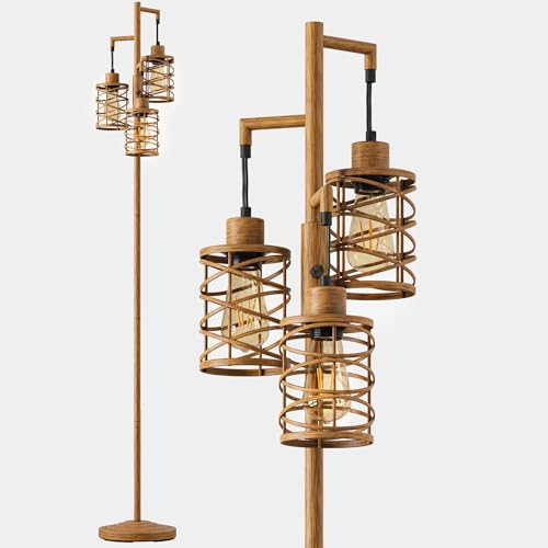 Image of BOBOMOMO 70 inch Farmhouse Dimmable Floor Lamp, Light Wood Grain Industrial Metal Cage Standing Lamp with 3 LED Bulbs, Stepless Dimming Tall Tree Lamp for Living Room, Bedroom, Studio, Corner