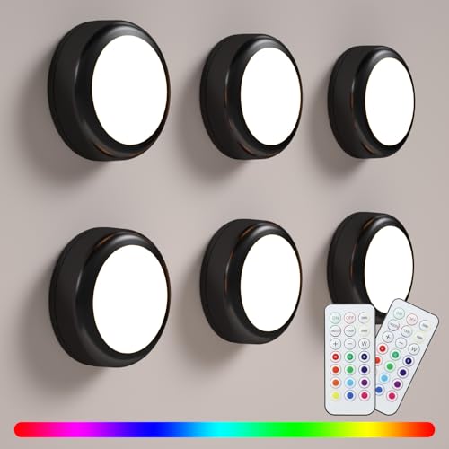 Image of LED Puck Lights with Remote, 13-Color Under Cabinet Lighting Wireless, Battery Operated Stick-On Lights, Dimmable Push Light for Closet /Shelf /Wall (Black-6 Pack)
