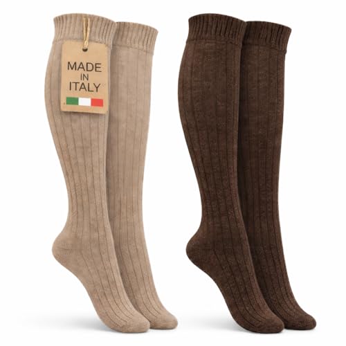 MOUNTREX Kniestrümpfe - Alpaka Socken, Wollsocken für Damen, Herren - Warme Kuschelsocken - 2 Paar, Beige/Braun (Kniestrümpfe), 39-42