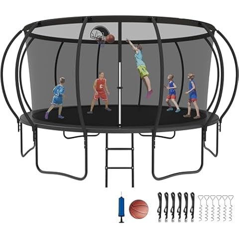 YORIN Tranpoline 10FT Tranpoline for Kids and Adults, Recreational Tranpoline with Basketball Hoop, Enclosure Net, Back Yard Heavy Duty Outdoor Pumpkin Tranpolines, ASTM Approved Cover