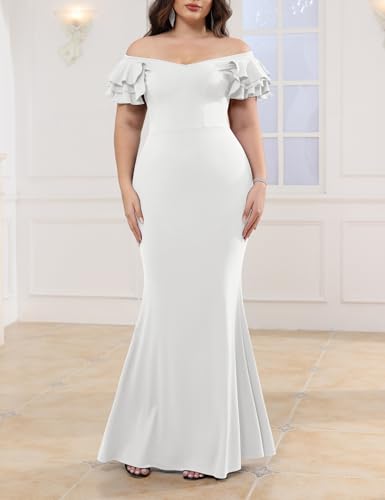 Image of Ekaliy Women's Plus Size Maxi Dress Elegant V-Neck Ruffle Sleeves Bodycon Mermaid Evening Gown