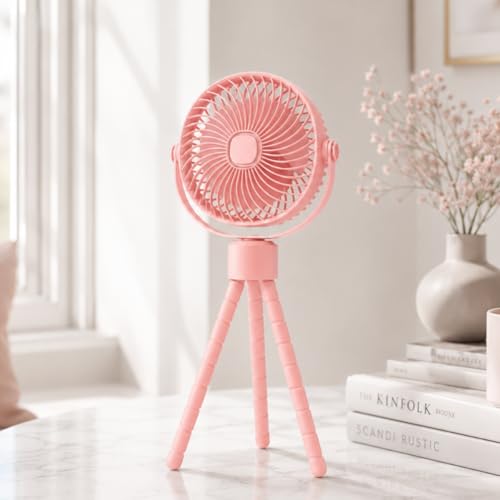 Image of Desidiya Rechargeable Mini Fan with Flexible Tripod, USB-C, Pink | 4000mAh rechargeable mini fan with flexible tripod, USB-C charging and 3 speed cooling for home & travel.