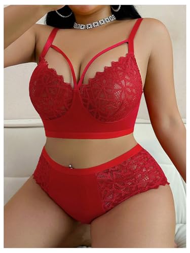 Image of MakeMeChic Women's Plus Size Lingerie Sets Contrast Lace Cut Out Wireless Bra and Panty Set