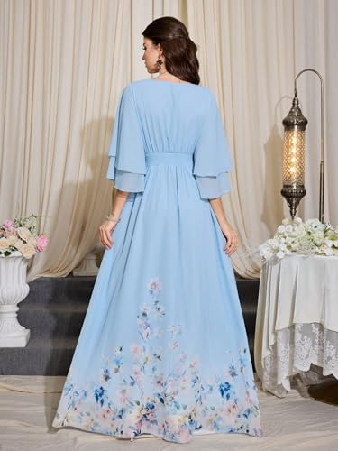 Image of TOLEEN Summer Casual Dresses for Women 2024 Spring Fashion Boho V Neck Long Sleeve Ruffle Floral Print Elegant Maxi Dress