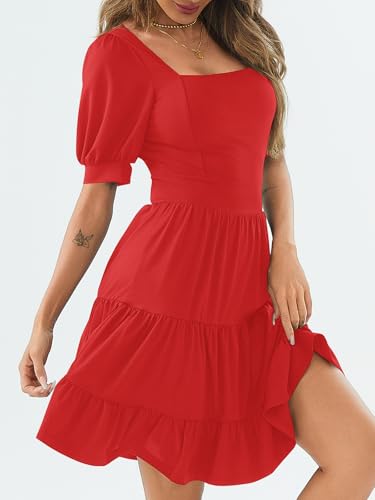 Image of Women's Square Neck A-Line Summer Dress Puff Sleeve Flared Swing High Waist Smocked Flowy Midi Casual Dress for Office /Party Red