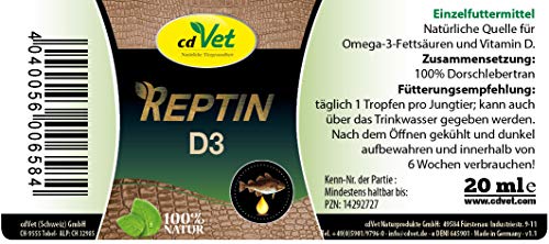 cdVet Naturprodukte REPTIN -D3- 20 ml - Reptilien - Lieferant für Omega-3-Fettsäuren + Vitamin D - Knochenaufbau - Regulierung des Calcium-Haushaltes - 100% Dorschlebertran -