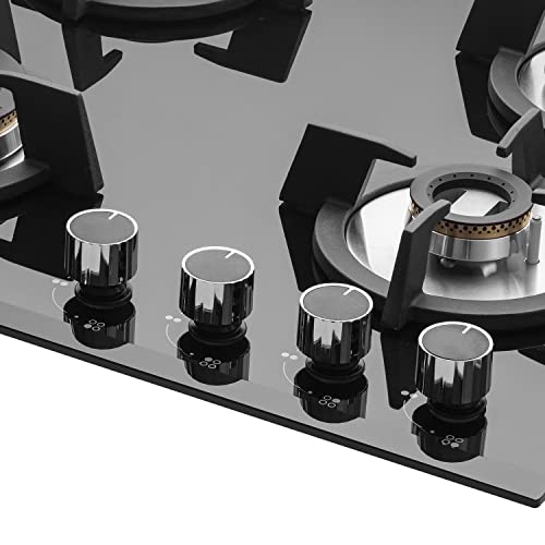 Image of KAFF KHB 60BR4 Built-in Hobs 4 Burners, Auto Electric Ignition Glass Top 60 CM, Powerful Brass Burners, 8 MM Thick Toughened Glass, Heavy Duty Cast Iron Pan Supports, Easy Grip Metal Knobs (Black)
