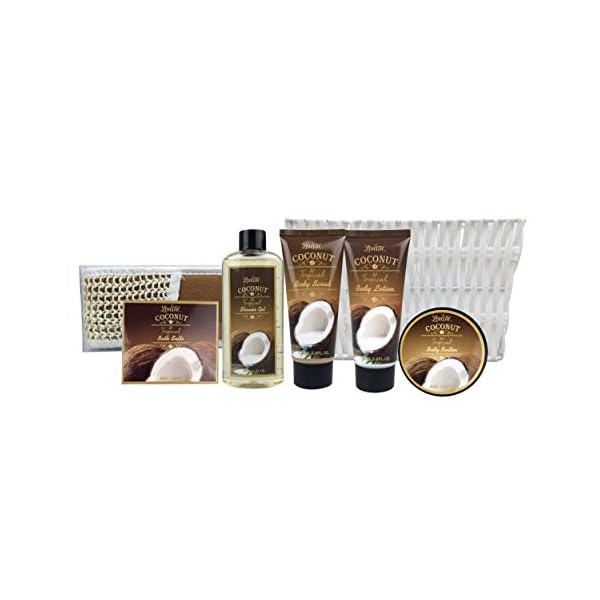 Spa-Gift-Baskets-Bath-and-Body-Set-with-Refreshing-Coconut-Fragrance-Lovestee-Bath-and-Body-Gift-Set-Includes-Shower-Gel-Body-Lotion-Body-Scrub-Body-Butter-Bath-Salt-and-Loofah-Back-Scrubbed Christmas Spa Gift Baskets Bath and Body Set with Refreshing Coconut Fragrance Lovestee - Bath and Body Gift Set Includes Shower Gel Body Lotion Body Scrub Body Butter Bath Salt and Loofah Scrubbed