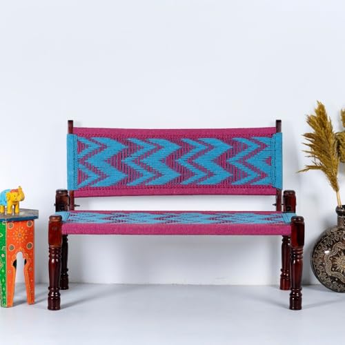 Image of Srima Wooden Bench for Living Room | Handcrafted Sheesham Wood Backrest Bench for Balcony & Garden | Traditional Rajasthani Patio for Outdoor with Cotton Handwoven Rope | Blue and Pink