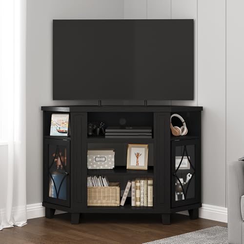 RoyalCraft Corner TV Stand for TVs up to 55 Inch: Corner Tall Entertainment Center with Storage, Modern Wood Media Console Cabinet for Living Room, Bedroom, Satin Black