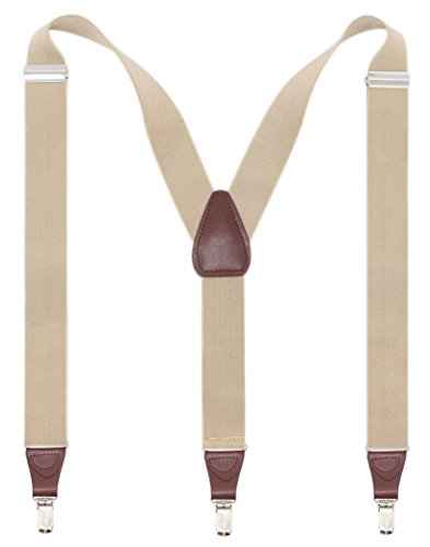 Bioterti Mens Y-shape 1.4 Inch Suspender -3 Metal Clips, Elastic Straps (Khaki)