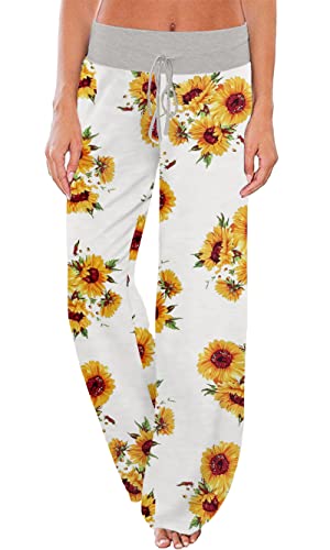 Pantalon Pijama Mujer Largo Elásticos de Pernera Ancha de Algodón(Girasol Blanco,Large) Cover