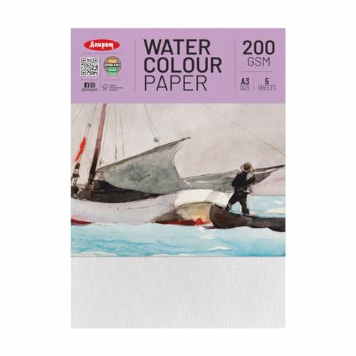 Image of Anupam Professional Watercolour Paper | A3 (42X30CM) 200 GSM Cold Pressed Paper |Acid-Free 5 Sheet| Ideal for Artist, Professional Drawing, Painting Dry & Wet, Fine Art, School, Students
