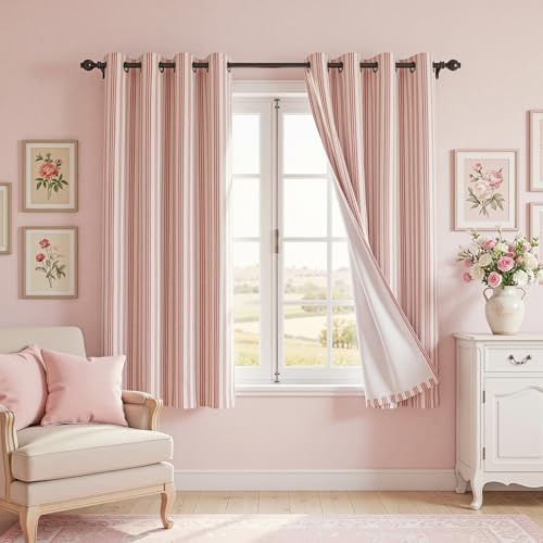 Image of MYSKY HOME Striped Curtains 100% Blackout for Girls Bedroom 63 Inches Long Red Stripe Patterned Farmhouse Rustic Linen Blend Double Layer Drapes, Grommet, 2 Panels, 52 inch Wide