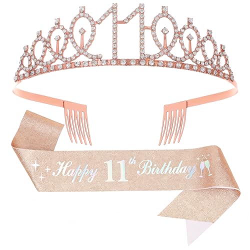11th Birthday Decoration for Girl Rose Gold Birthday Sash and Rhinestone Crown for Girls 11th Birthday Party Supplies
